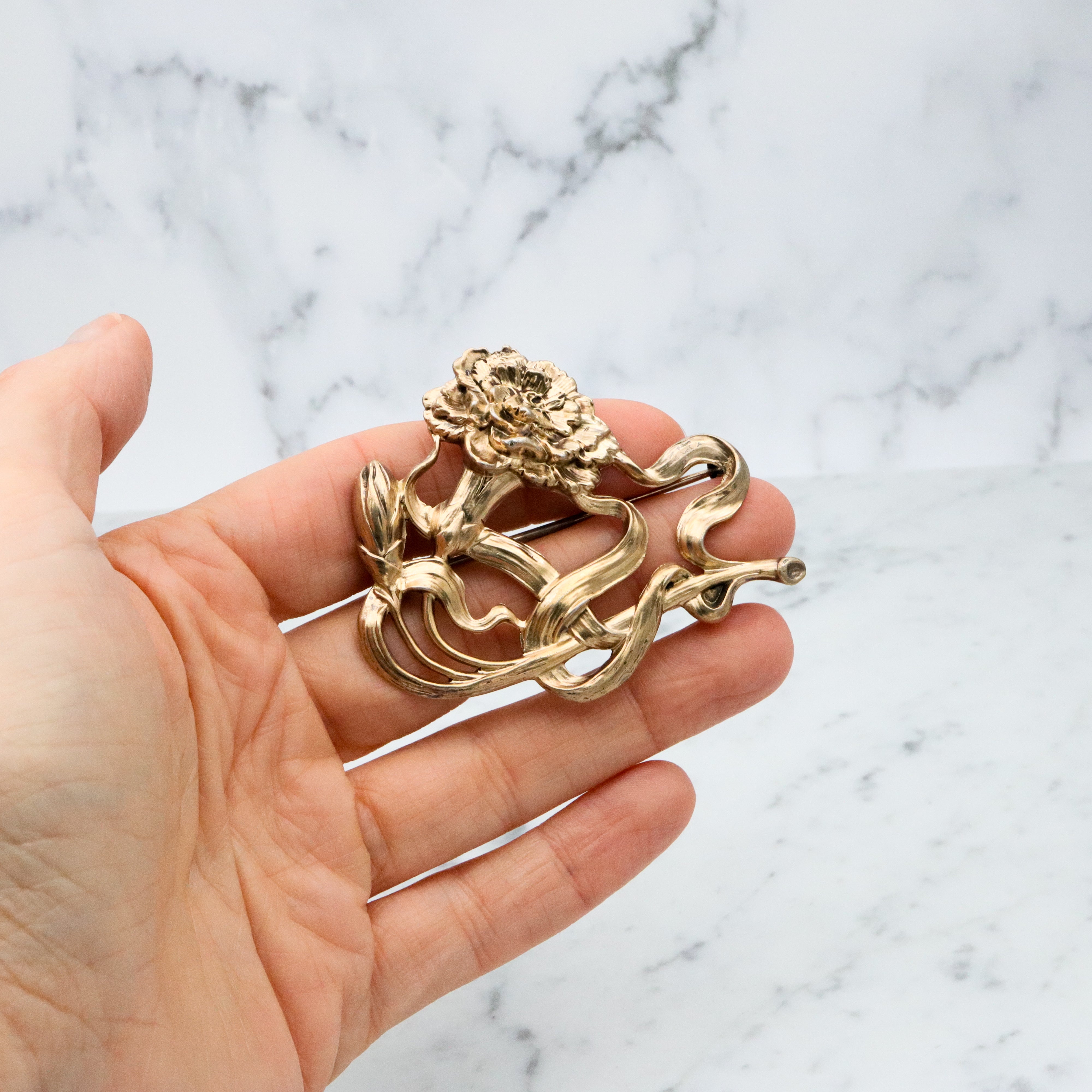 Large Antique Art Nouveau Unger Brothers vermeil sterling carnation brooch
